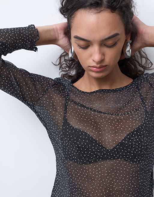 Miss Selfridge hotfix mesh top met lange mouwen in zwart, 5 van 5
