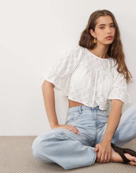 Miss Selfridge - Hvid babydoll-top med tekstur og picot-kant - view 1