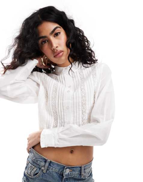 Miss Selfridge - Hvid crop-skjorte med blondekanter i bomuld - view 1