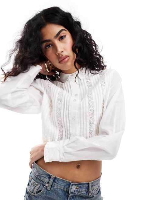 Miss Selfridge - Hvid crop-skjorte med blondekanter i bomuld