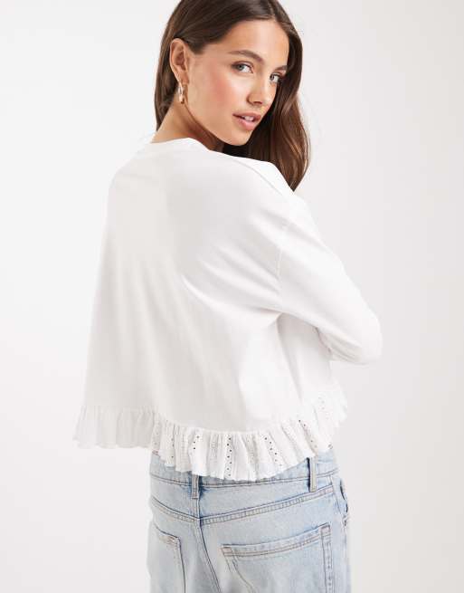 Miss Selfridge - Hvid langærmet T-shirt med flæsekant, 4 af 4