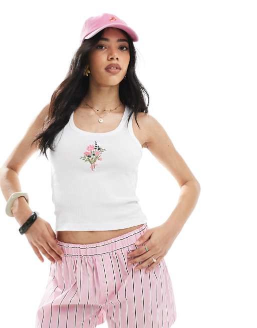Miss Selfridge - Hvid ribstrikket tanktop med blomsterbroderi, 3 af 4