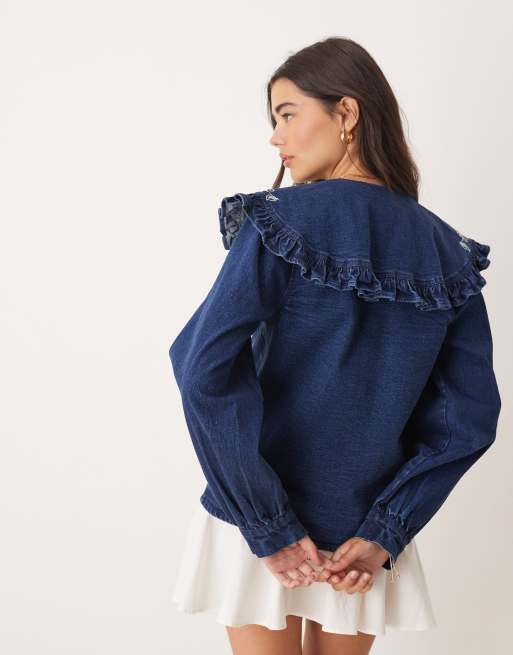 Miss Selfridge - Indigoblå denimskjorte med broderet flæsekrave, 4 af 4