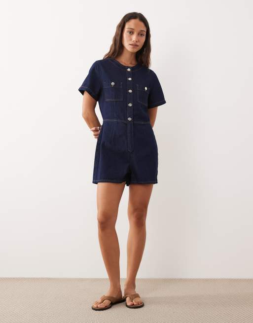 Miss Selfridge - Indigoblåt forvasket playsuit i denim med knapper, 3 af 4