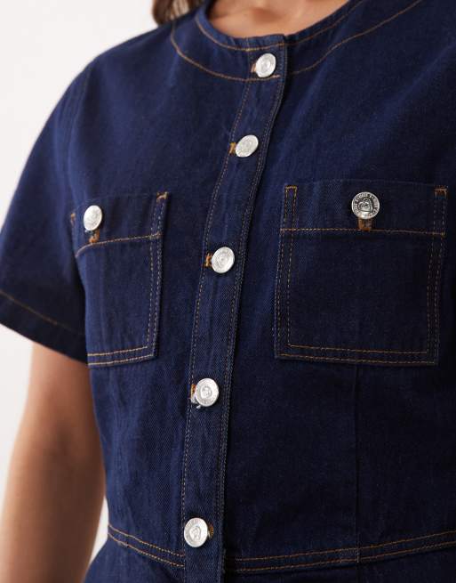 Miss Selfridge - Indigoblåt forvasket playsuit i denim med knapper, 4 af 4