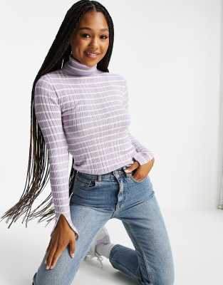 Miss Selfridge irregular rib knit roll neck split sleeve jumper in lilac stripe Multi Compare Grazia