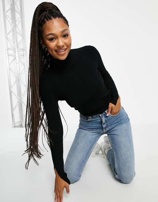 Miss Selfridge irregular rib knit roll neck split sleeve sweater in black
