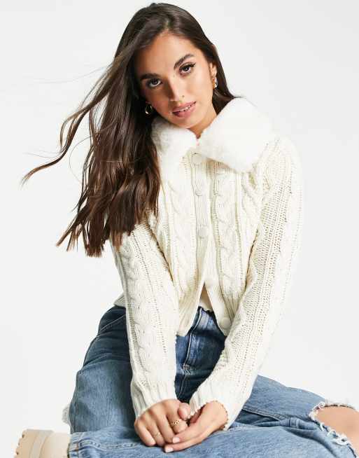 Miss Selfridge ivory faux fur faux covered button cable cardigan