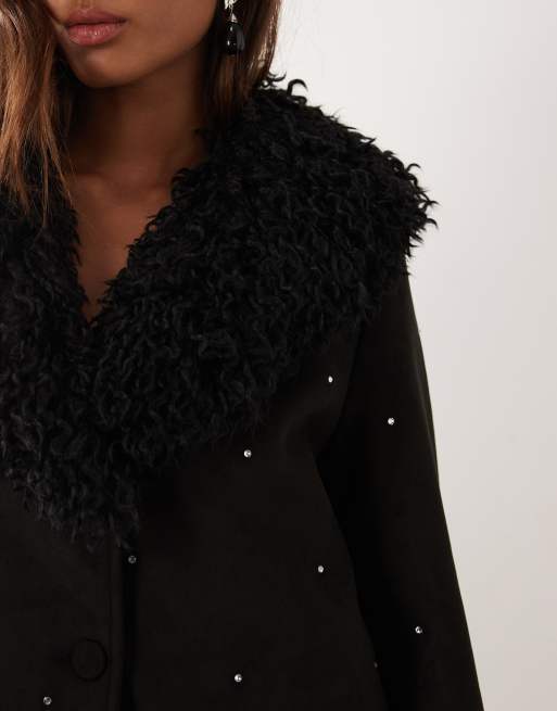 Miss Selfridge jacka i svart med utsmyckad fuskpäls, 3 av 4