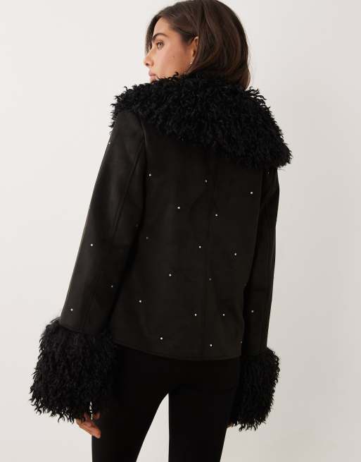 Miss Selfridge jacka i svart med utsmyckad fuskpäls, 4 av 4