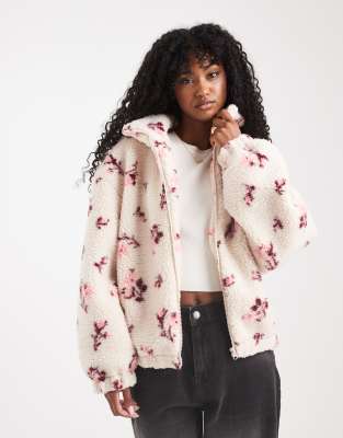 Miss Selfridge - Jacke aus geblümtem Teddyfell mit Reißverschluss-Bunt