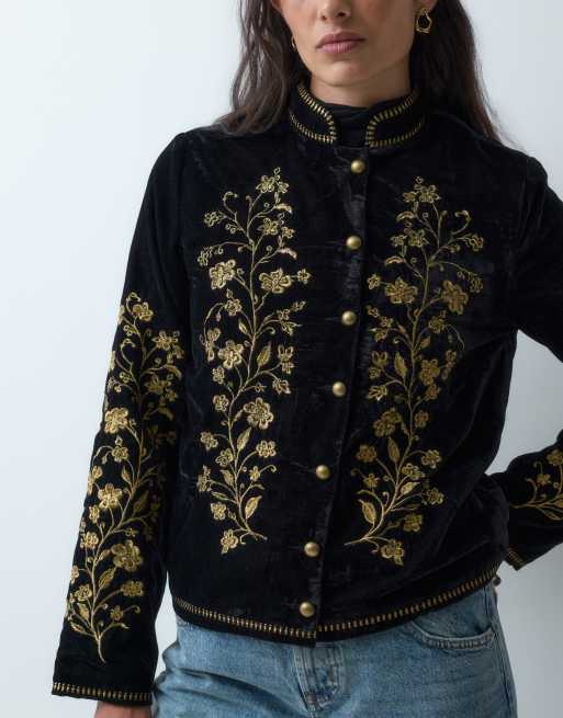 Miss Selfridge Jacke mit Stickerei aus Samt in Schwarz, 2 von 4