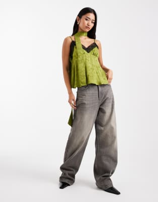 Miss Selfridge Jacquard And Lace Cami With Scarf In Green