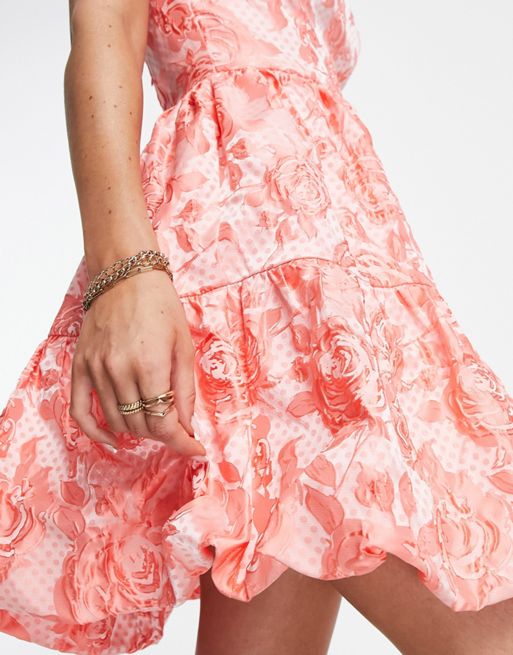 Miss Selfridge Jacquard Bandeau Puffball Mini Dress in Pink