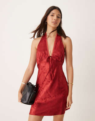 jacquard halter mini dress-Red