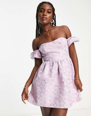 jacquard puff sleeve bardot mini dress in lilac-Purple