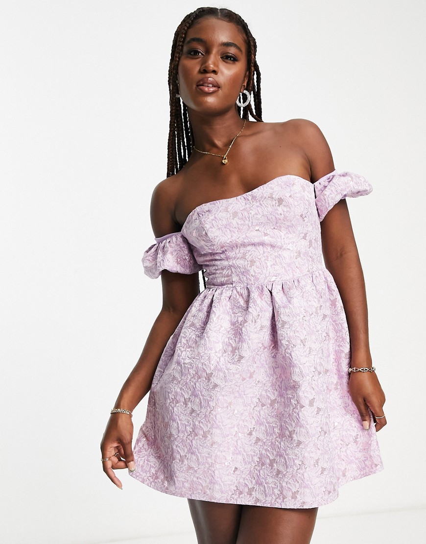 Miss Selfridge jacquard puff sleeve bardot mini dress in lilac-Purple