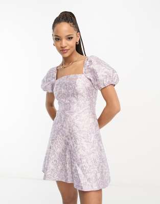 Miss Selfridge Jacquard Puff Sleeve Corset Mini Dress In Lilac-purple