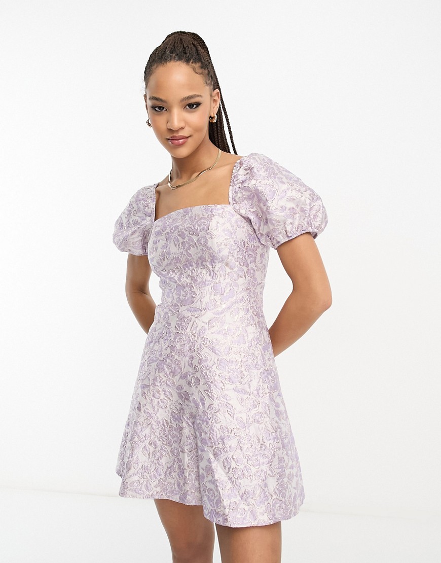Miss Selfridge jacquard puff sleeve corset mini dress in lilac-Purple