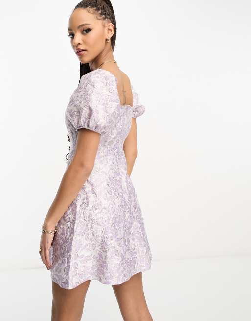 Miss Selfridge jacquard puff sleeve corset mini dress in lilac | ASOS