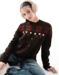 [Miss Selfridge] Miss Selfridge jacquard snowflake heart knitted cardigan in chocolate-Brown S Chocolate