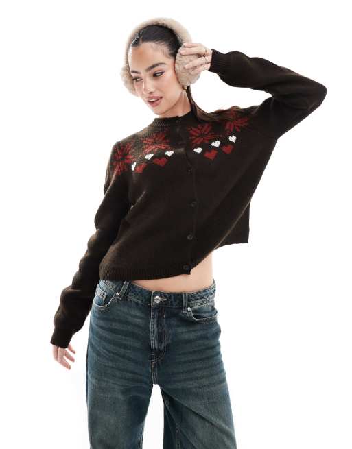 Miss Selfridge jacquard snowflake heart knit cardigan in chocolate