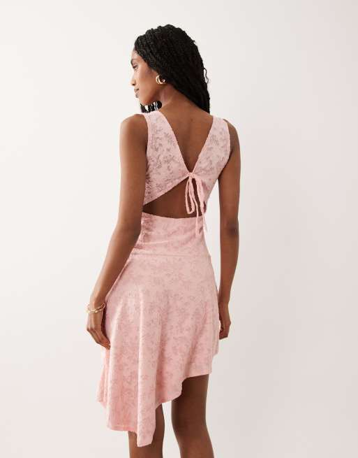 Miss Selfridge jacquard tie back midi dress with asymmetric hem in pink, 2 of 4
