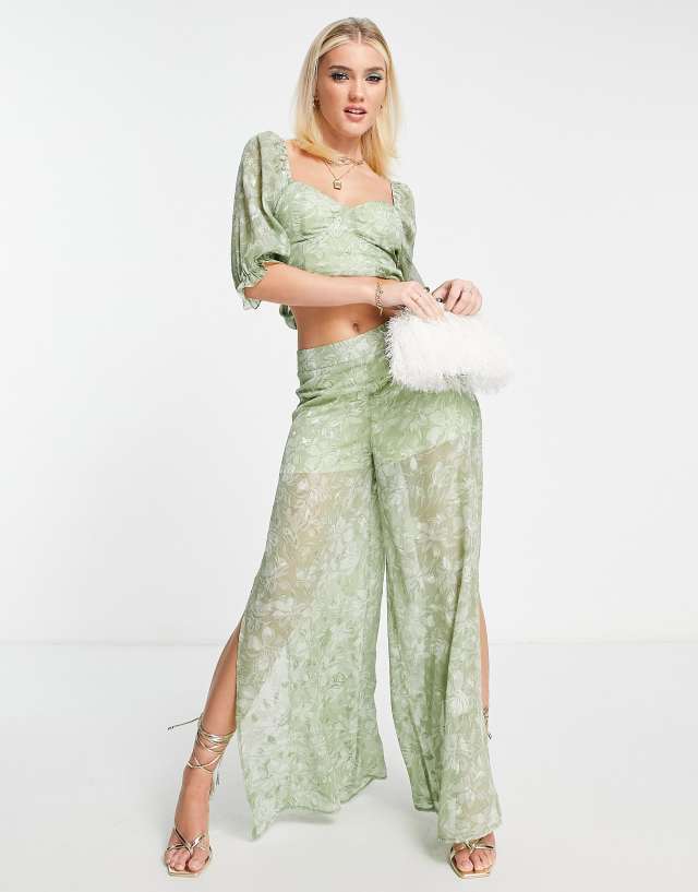 Miss Selfridge jacquard wide leg pants in sage