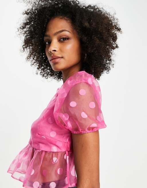 Miss Selfridge – Jaskraworóżowy top z organzy w kropki