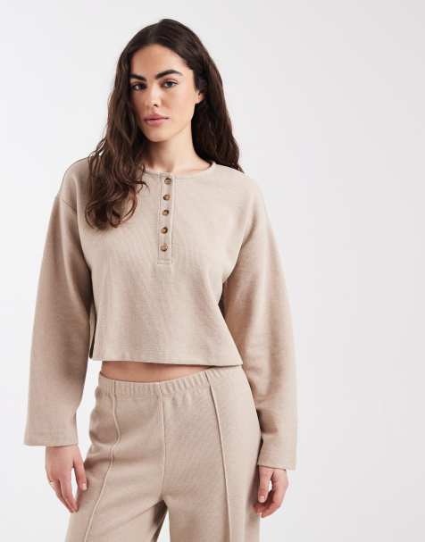 Miss Selfridge – Jasnobeżowy prążkowany top z dekoltem typu henley, część zestawu - view 1
