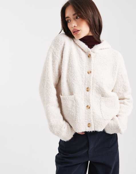 Miss Selfridge boucle hooded button cardigan in oatmeal