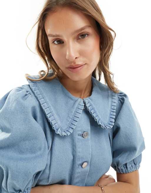 Miss Selfridge – Jasnoniebieska bluzka z falbanką przy kołnierzu, 3 z 4