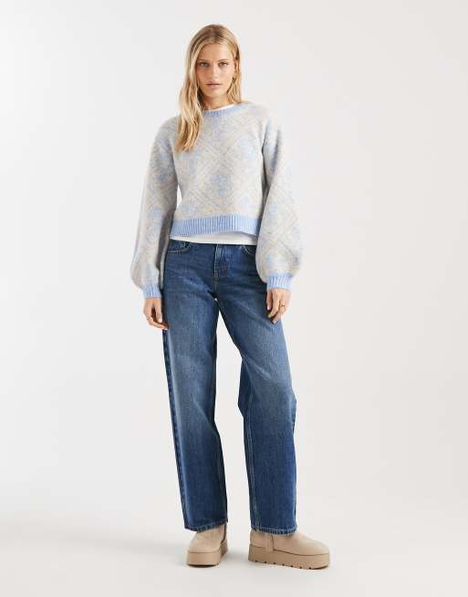Miss Selfridge – Jasnoniebieski luźny sweter w romby i kwiaty , 2 z 4