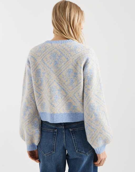 Miss Selfridge – Jasnoniebieski luźny sweter w romby i kwiaty , 4 z 4