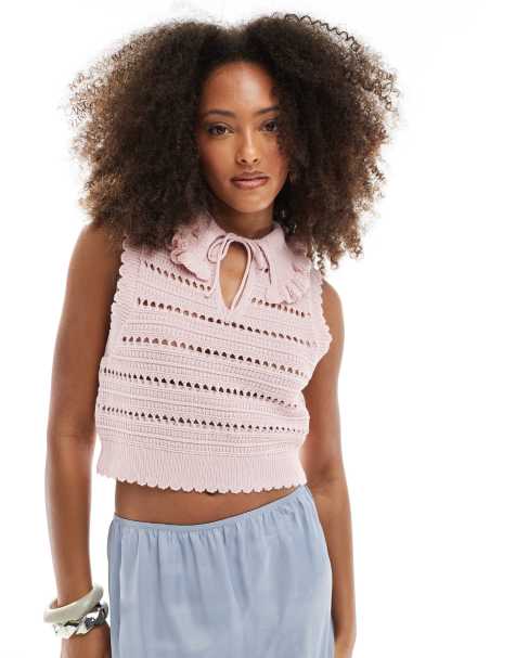 Miss Selfridge knitted bow detail tank top in light pink