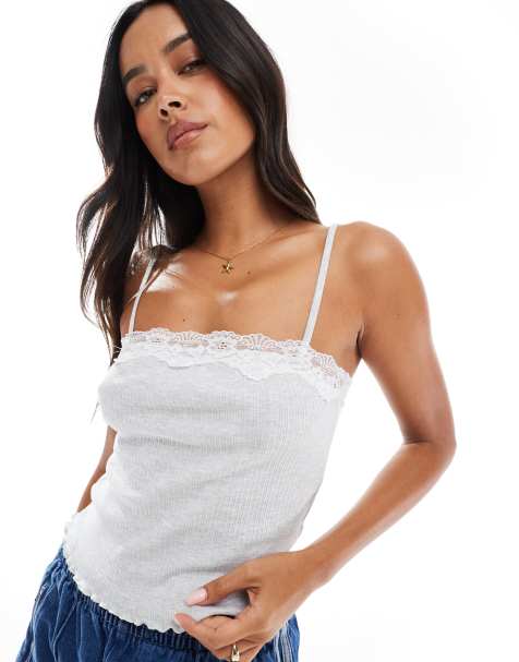 Miss Selfridge lace trim rib cami top in light grey