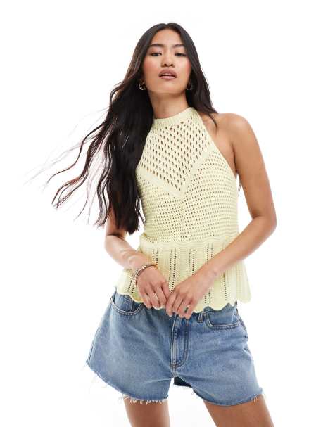 Miss Selfridge crochet halter top in butter yellow