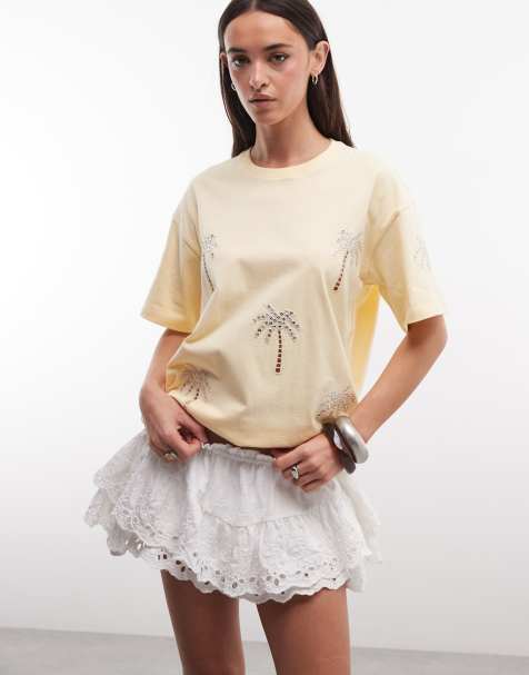 Miss Selfridge – Jasnożółty T-shirt oversize ze zdobieniem w kształcie palmy - view 1
