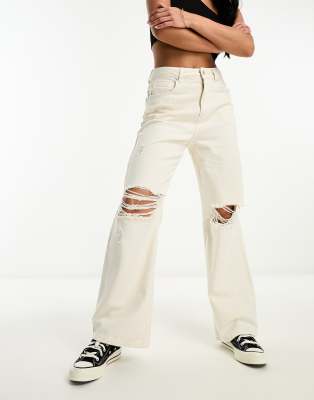 Miss Selfridge baggy knee ripped jean in ecru - ASOS Price Checker