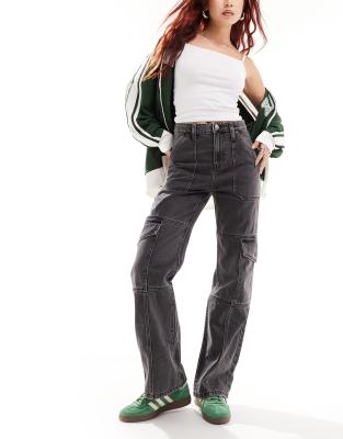 Jeans Taille Haute Pour Fille - Coupe Droite Décontractée - Noir - Avec Poches Cargo - Taille 10-12 Ans Environ