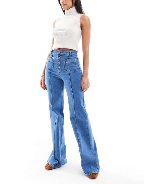 Miss Selfridge - Jeans a zampa anni '70 a vita alta con tasche applicate - view 1