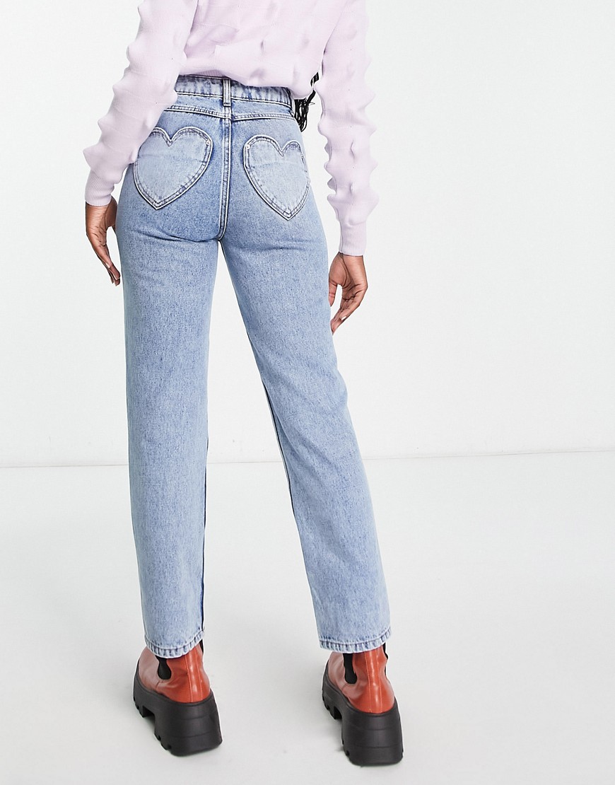 Miss Selfridge - Jeans Dritti Blu Lavaggio Medio Con Tasca A Forma Di Cuore