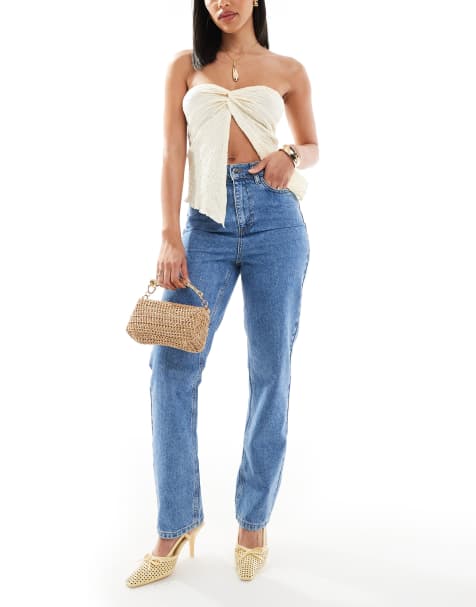 Miss Selfridge - Jeans med lige ben og elastisk talje i mellemvask - view 1