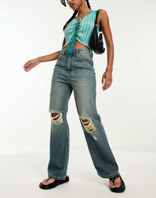 Miss Selfridge - Jeans med posede knæ og flænger i slidt vask