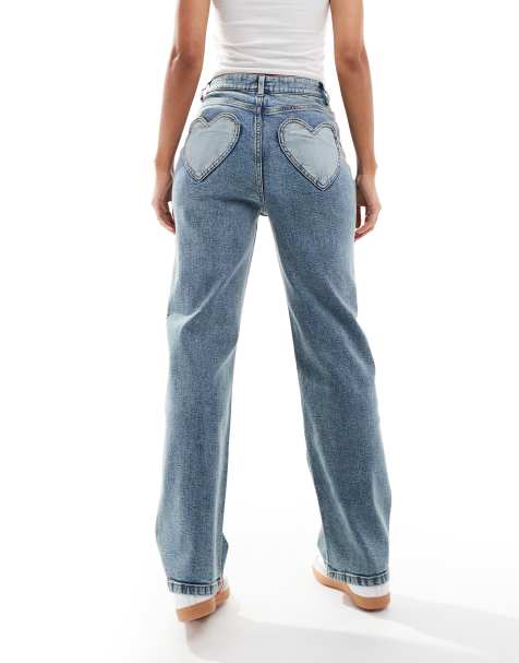 Miss Selfridge - Jeans met rechte pijpen en hartvormige zakken in dirty wassing - view 1