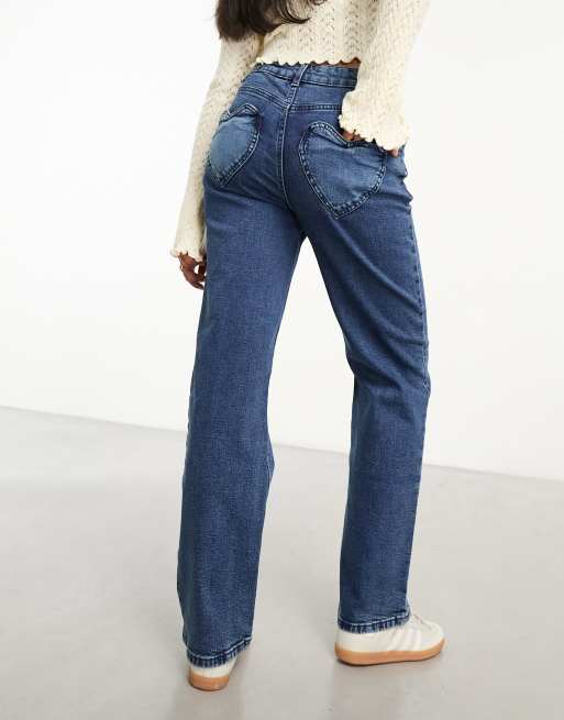 Miss Selfridge - Jeans met rechte pijpen en hartvormige zakken in indigo blauwe wassing 