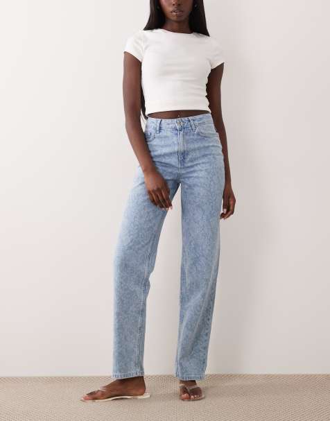 Miss Selfridge - Jeans met rechte pijpen en kantprint in middenblauw - view 1