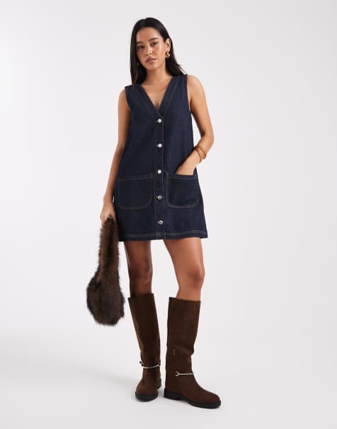 Miss Selfridge – Jeans-Schürzenkleid in Indigoblau - view 1