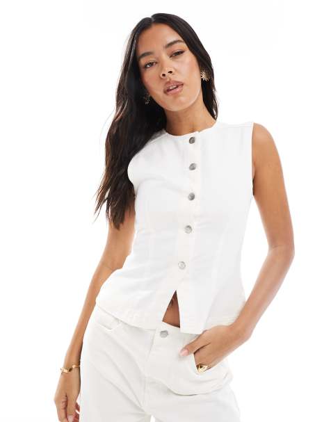 Miss Selfridge denim waist coat in ecru wash