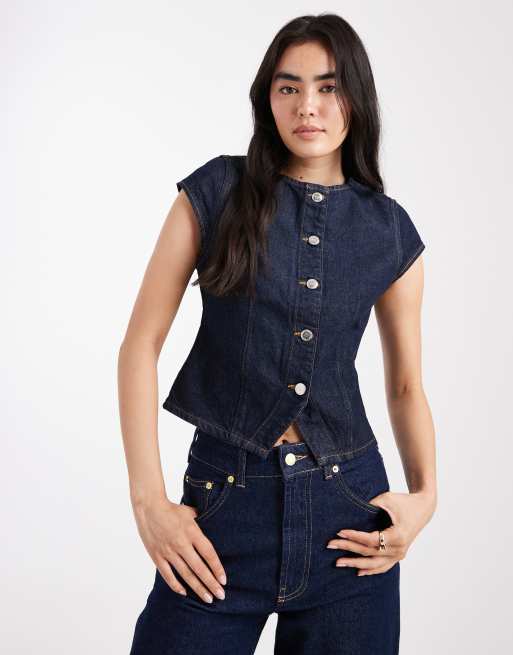 Miss Selfridge – Jeansowa kamizelka ze skośnymi krótkimi rękawami w kolorze indygo